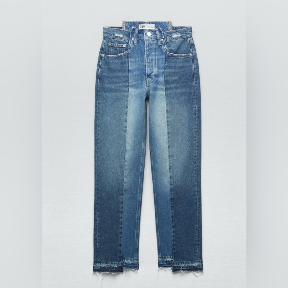 Zara The Contrast Cropped Straight Leg Blue Denim Women's Jeans Size 6